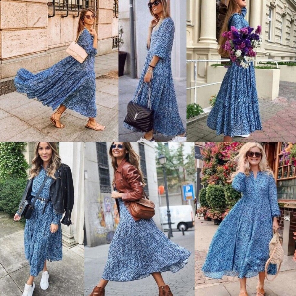 Zara Blue Angel Long Sleeve Prairie Tiered Midi Maxi Dress S Blogger's Favorite - Picture 14 of 15